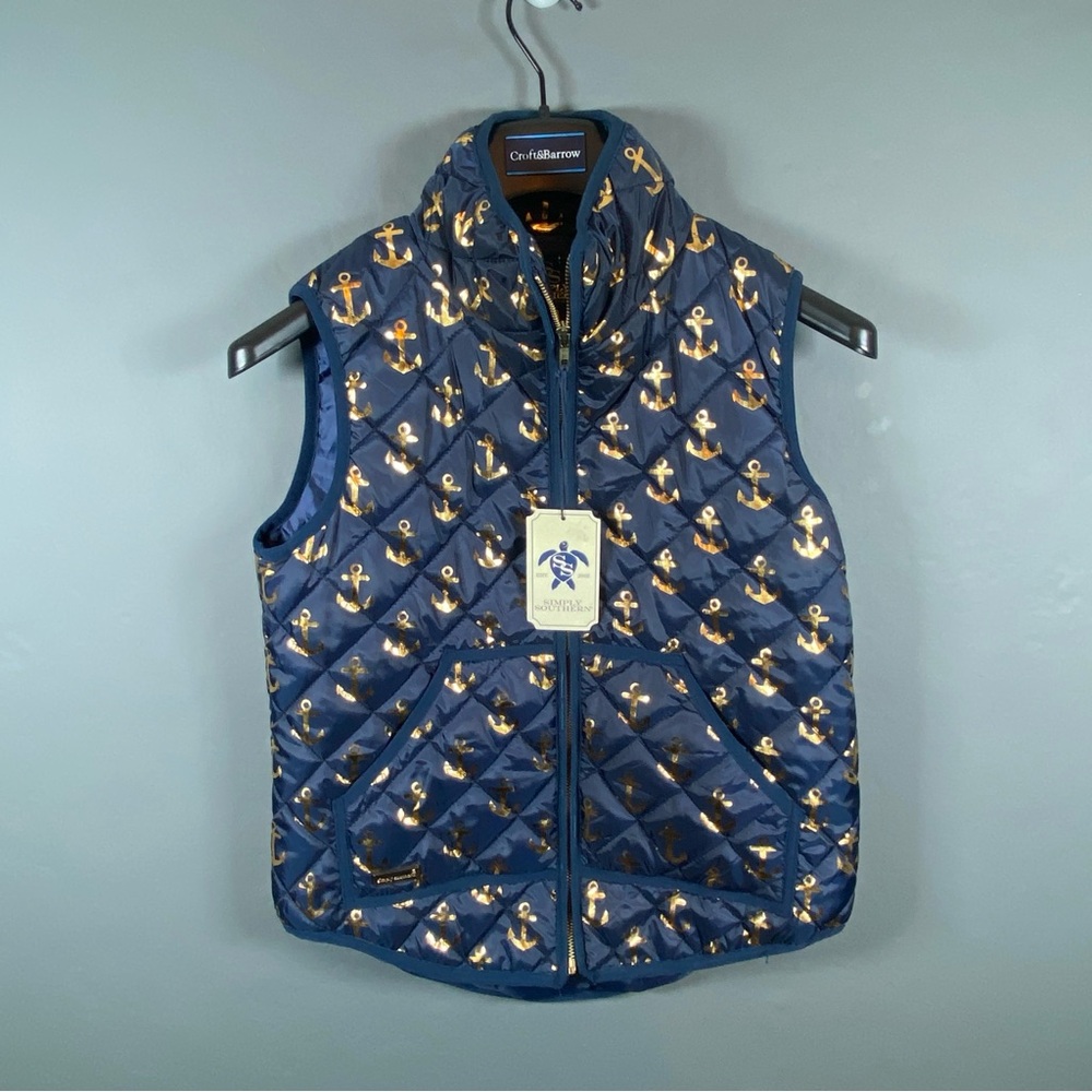 Simply Southern NWT Womens Size Small Full Zip Anchor Print Vest Navy Blue Gold - Picture 1 of 10